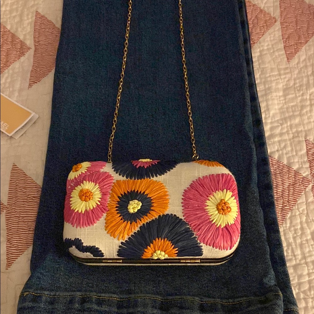 Floral Embroidered Clutch with Chain Strap